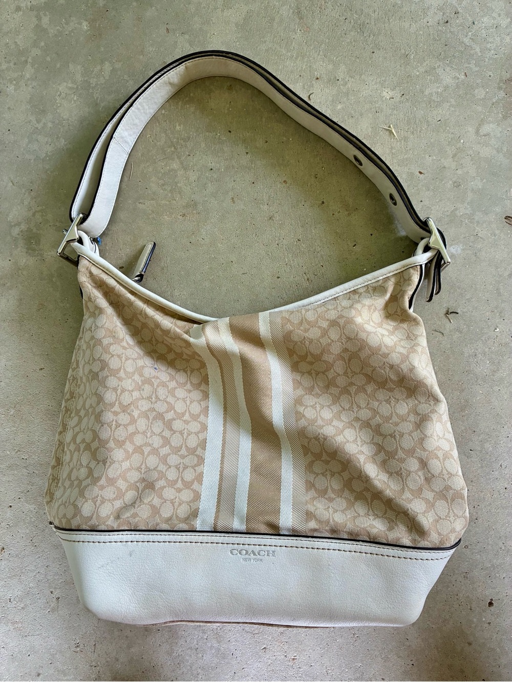 Coach Beige Signature Stripe Hobo Bag
